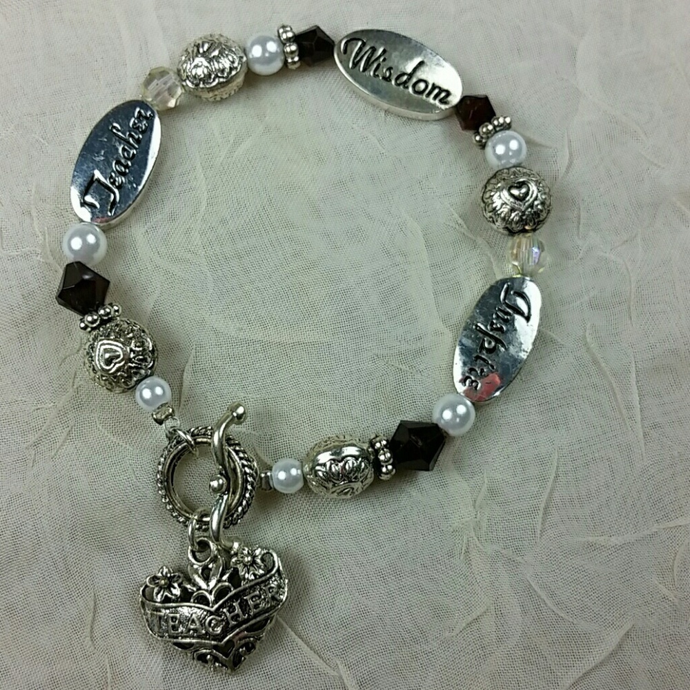 Teacher Appreciation Bracelet Silver Heart Charm Wisdom Inspire Gift Toggle 7.5